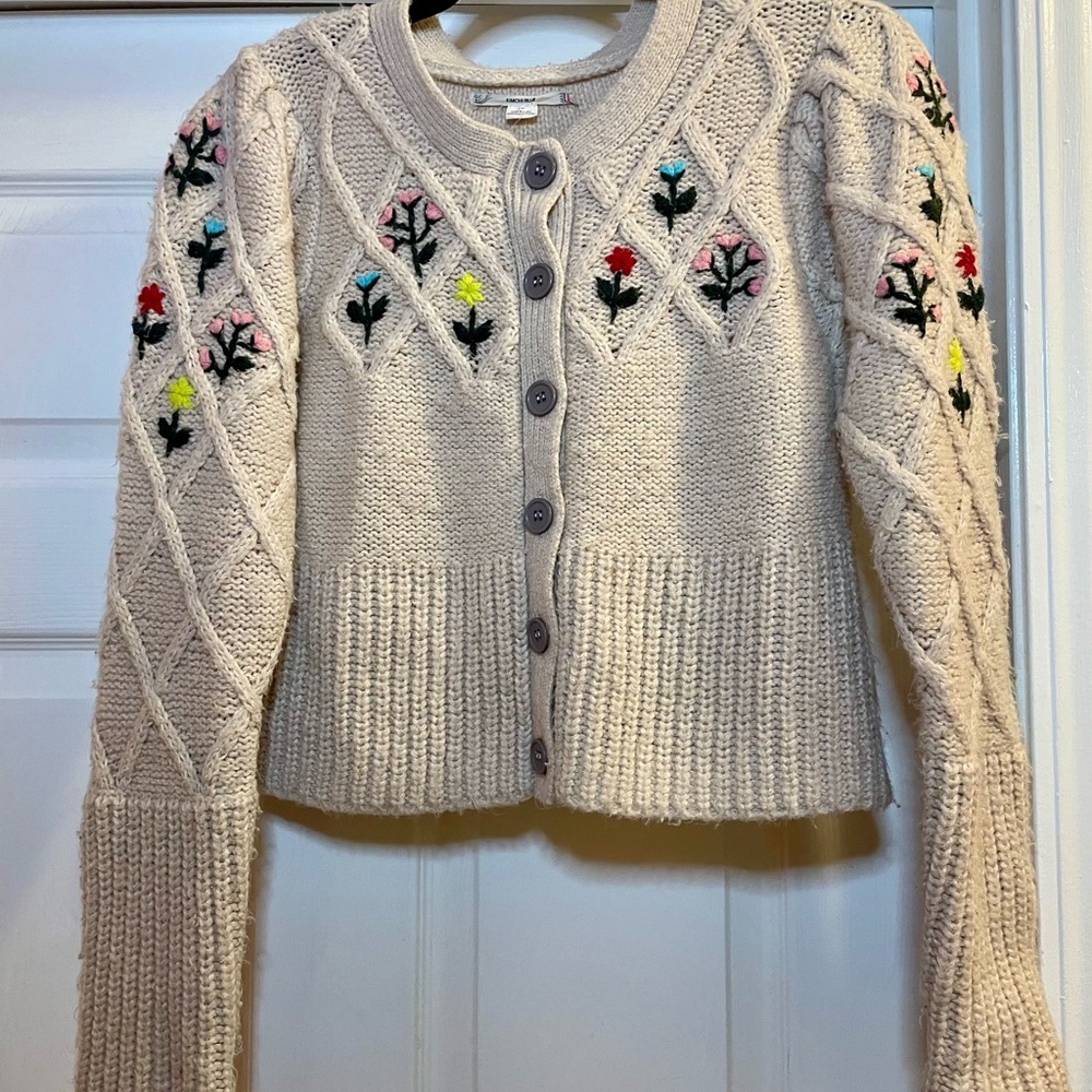 Kimchi Blue Cream Cardigan with Floral Embroidery